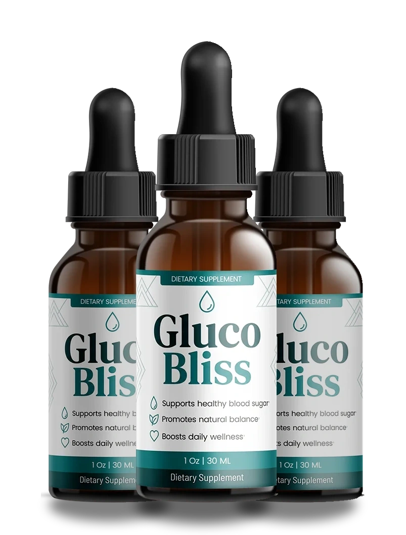 Three GlucoBliss 1 fl oz amber glass dropper bottles, the 90 day bundle