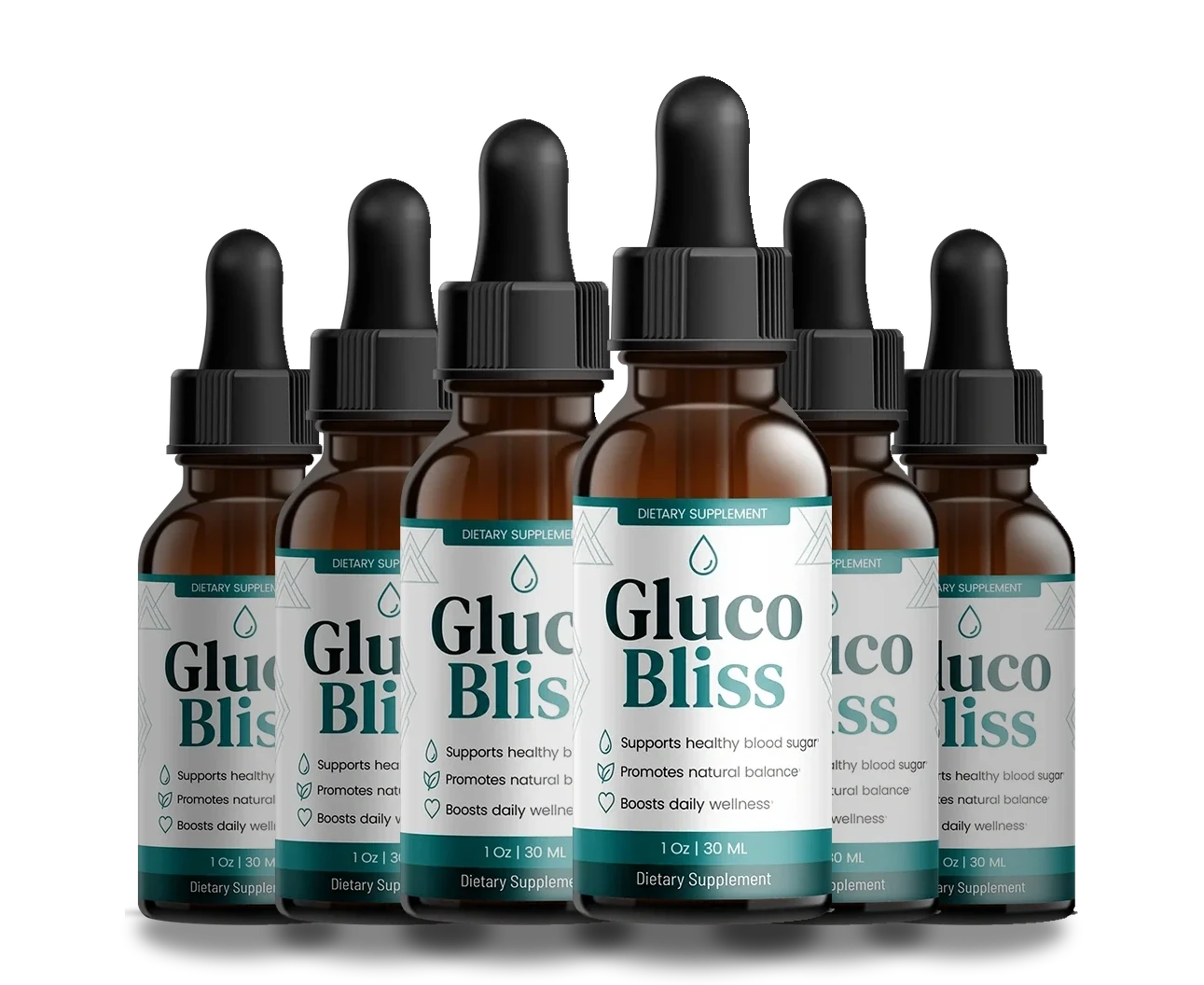 Six GlucoBliss 1 fl oz dropper bottles — the 180 day bundle